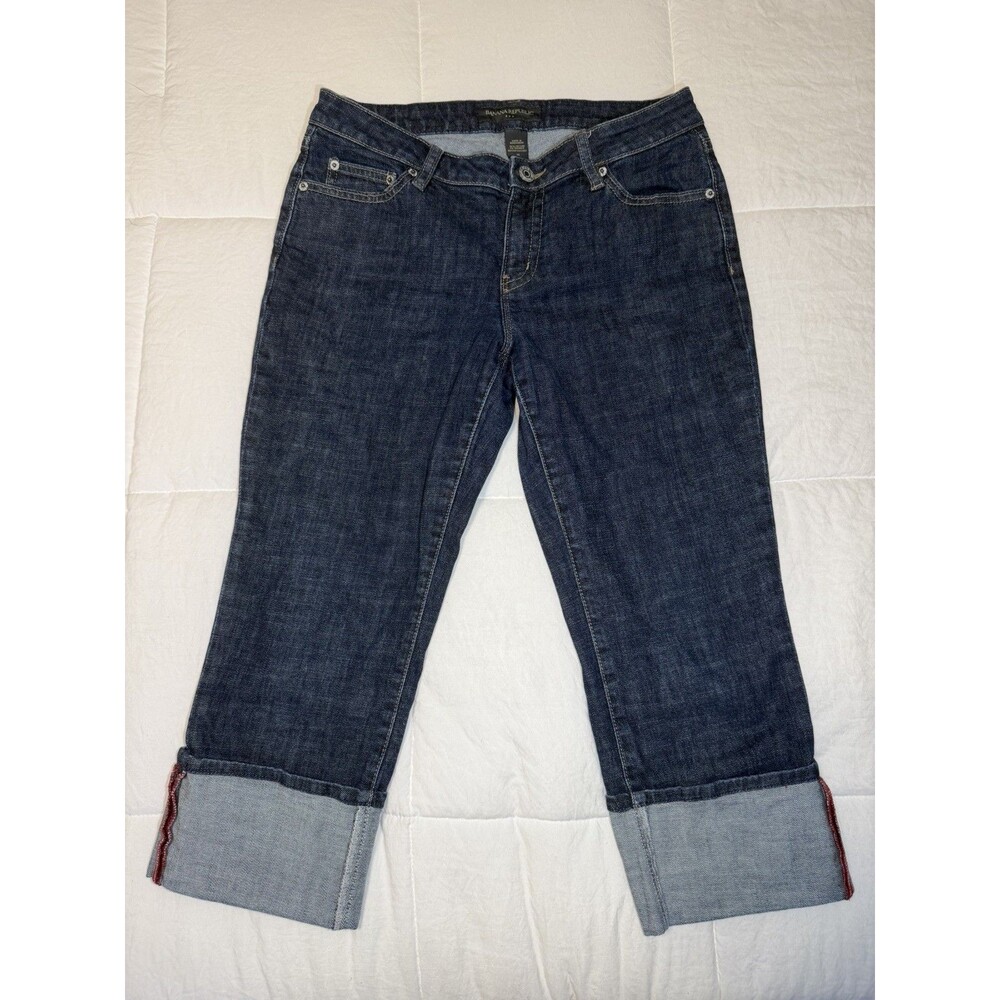 Banana Republic Dark Wash Stretch Denim Capri Crop Jeans Wide Cuff Red Stitch 10